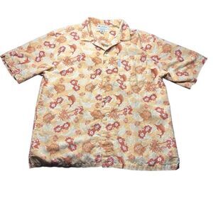 Columbia Hawaiian Fish Print Shirt Mens L Beige Orange Linen Cotton Aloha Beach